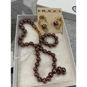 Hugo Chocolate Brown Faux Pearl Necklace and Earring Set Gold Tone